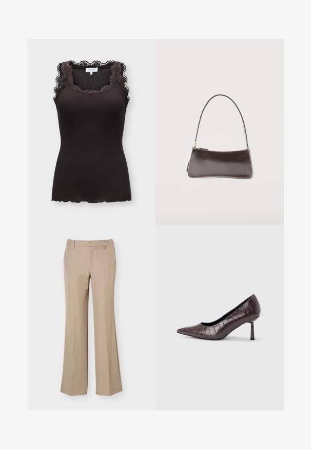 Top sans manches noir en maille côtelée avec bordure en dentelle autour du col et des épaules, doté d'un ourlet festonné et d'une étiquette de marque Rosemunde.; Pantalon beige pour femme avec passants de ceinture, pli devant et coupe droite à jambes larges sur fond blanc uni.; Escarpins à bout pointu en similicuir marron avec une texture crocodile, dotés d’un talon fin et angulaire ainsi que d’une doublure intérieure lisse.; Petit sac à main rectangulaire en cuir marron foncé avec une bandoulière unique et une fermeture éclair dorée.