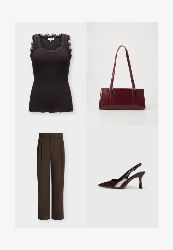 Top sans manches noir en maille côtelée avec bordure en dentelle autour du col et des épaules, doté d'un ourlet festonné et d'une étiquette de marque Rosemunde.; Pantalon formel coupe droite marron foncé avec passants de ceinture et plis à l'avant, présenté sur un fond clair uni.; Talons slingback en cuir verni brun avec un bout pointu, un talon fin, et une sangle réglable avec une petite boucle.; Sac à main bordeaux en matériau brillant, de forme rectangulaire, avec deux anses et des accents légèrement courbés à l'avant.