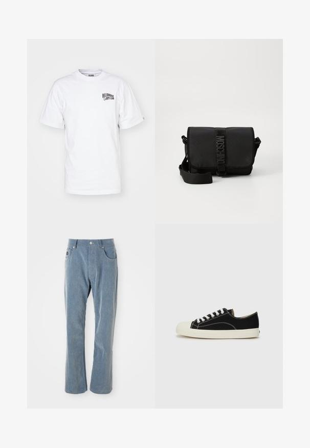 Camiseta blanca de algodón con cuello redondo, mangas cortas y un pequeño logo negro en la parte superior izquierda del pecho. Corte clásico y textura suave.; Pantalones de pana de color azul claro con cierre de botón y cremallera, bolsillos frontales y piernas rectas sobre fondo blanco.; Zapatillas de lona negras con costuras blancas, puntera redonda de goma y cordones blancos. Presentan un upper de tejido texturizado y suela beige.; Bolso cruzado negro de nailon con solapa, que cuenta con un cierre de cinta con logo prominente, correa ajustable y detalles de costura lateral.