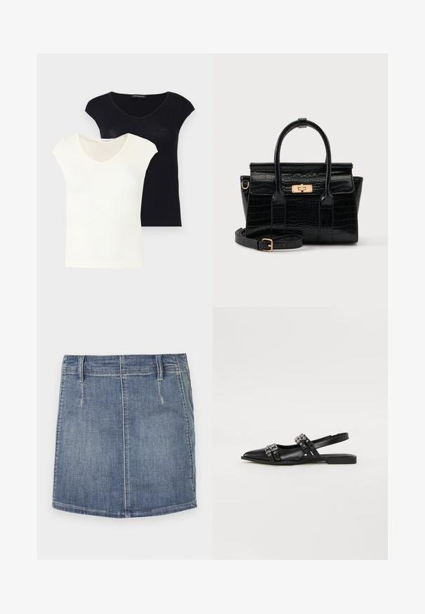 Deux t-shirts unis à col en V avec manches courtes, un blanc devant et un noir derrière, présentés sur un fond uni.; Jupe en denim mini de couleur bleu clair avec une coupe classique. Dispose de poches avant et de passants de ceinture, avec un ourlet droit et un léger délavage.; Even&Odd by Zalando Ballerines à brides arrière - black; Sac à main noir à texture crocodile, avec deux poignées, une bandoulière amovible et un fermoir rectangulaire doré sur le rabat avant.