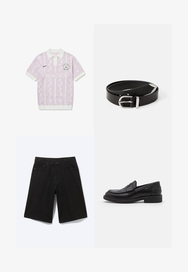 Polo violet clair à manches courtes avec motifs blancs de vigne verticale, col blanc, poignets blancs, texte "Pegador" et patch rond "Authentic Streetwear".; Short en jean noir longueur genou avec bouton à l'avant, passants de ceinture et cinq poches, présenté sur fond blanc.; Mocassins en cuir noir avec un bout arrondi, des coutures ton sur ton et un détail de sangle à l'avant. Semelle en caoutchouc avec un petit talon.; Ceinture en cuir noir avec une boucle en métal argenté, présentant un design classique et une texture lisse. Comprend des trous pour un ajustement flexible.