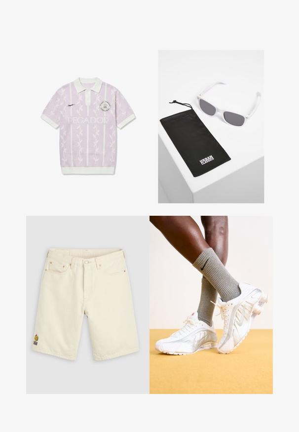 Polo violet clair à manches courtes avec motifs blancs de vigne verticale, col blanc, poignets blancs, texte "Pegador" et patch rond "Authentic Streetwear".; Short en denim écru avec bouton à l'avant, passants de ceinture, cinq poches, et un petit logo brodé multicolore sur la jambe gauche.; Baskets Nike blanches avec des accents argentés, présentant des panneaux texturés et des perforations. Assorties à des chaussettes grises à côtes, sur un fond jaune.; Lunettes de soleil en plastique blanc avec verres gris à côté d'une pochette en tissu noir ornée d'un logo "URBAN CLASSICS" en lettres majuscules blanches.