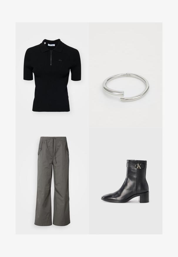 Schwarz gestreifter Poloshirt mit kurzen Ärmeln, Reißverschlusskragen und einem subtilen Logodetail. Hergestellt aus strukturiertem Strickmaterial.; Graue weit geschnittene Hose aus leichtem Stoff, mit elastischem Bund, Kordelzug und zwei seitlichen Taschen mit Knopfakzenten.; Schwarze Leder-Ankle Boots mit spitzem Zehenbereich, Blockabsatz und einem Riemen mit einem metallischen Logodetail. Glatte Textur und minimales Design.; Calvin Klein SPIRAL - Armband - silver-coloured
