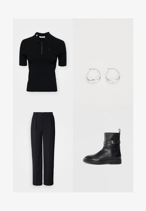 Schwarz gestreifter Poloshirt mit kurzen Ärmeln, Reißverschlusskragen und einem subtilen Logodetail. Hergestellt aus strukturiertem Strickmaterial.; Schwarze, maßgeschneiderte Hose mit geradem Bein, vorderen Falten, Gürtelschlaufen und verdecktem Frontverschluss vor weißem Hintergrund.; Schwarze Leder-Stiefelette mit flacher Sohle, ausgestattet mit einem seitlichen Riemen und silbernem CK-Logo-Detail. Glatte Textur und schlankes Design.; Silberne Creolen mit glänzender Oberfläche und DKNY-Logo, vor einem schlichten weißen Hintergrund präsentiert.