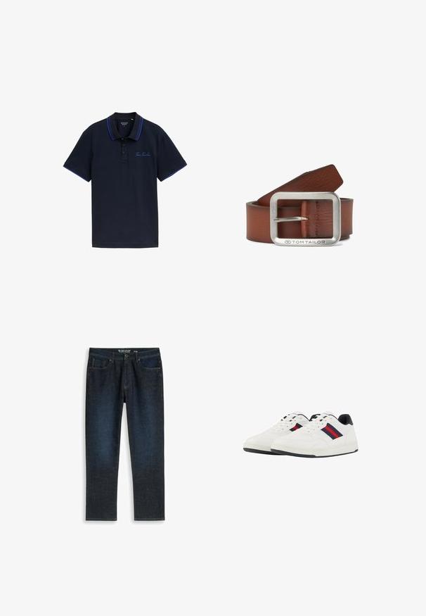 Marineblå polo-shirt med en to-knaps placket, kontrasterende blå krave og ærmekanter, samt broderet "Tom Tailor" logo på brystet.; Mørkeblå relaxed fit jeans med forlommer og knaplukning, størrelse 31x32, fra mærket Tom Tailor.; TOM TAILOR Sneakers - white navy; TOM TAILOR TTTED - Bælter - light brown uni
