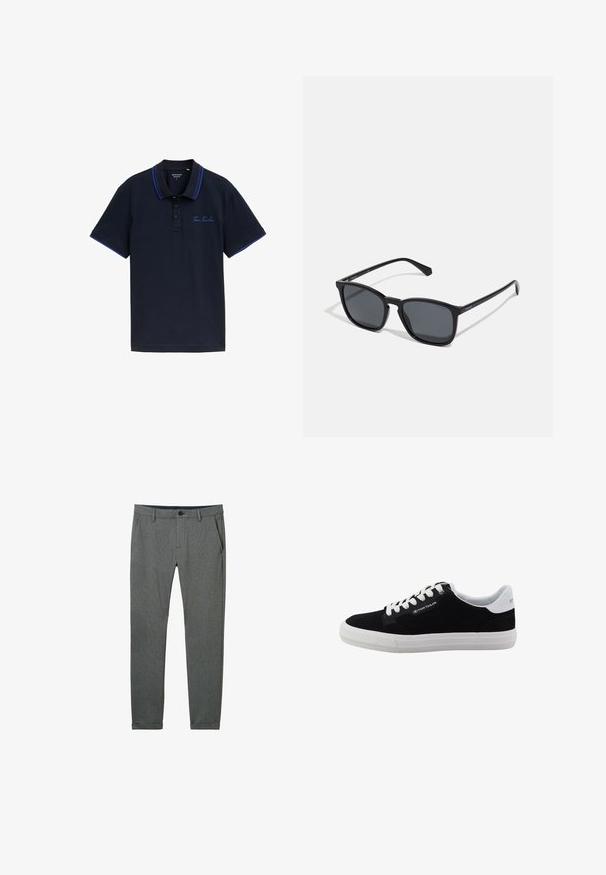 Marineblå polo-shirt med en to-knaps placket, kontrasterende blå krave og ærmekanter, samt broderet "Tom Tailor" logo på brystet.; Grå bukser lavet af struktureret stof, med en slim fit, sidelommer, bæltestropper og en enkelt knaplukning i livet.; Sort ruskindssneaker med hvid gummisål, rundet tå, snørelukning og kontrastfarvet hvid hæltab. Indeholder branding på siden.; Sorte rektangulære solbriller med mørke linser, slanke plastikrammer og lige arme. Har et diskret logo på siden.