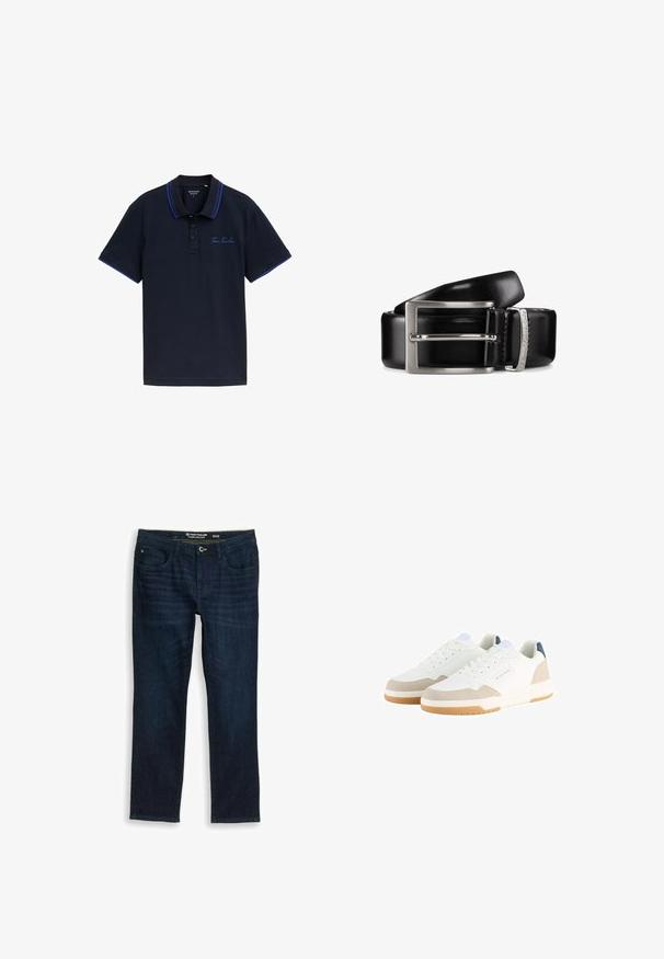 Camisa polo azul marino con un cuello de dos botones, acentos en el cuello y las mangas de color azul contrastante, y logo bordado de "Tom Tailor" en el pecho.; Vaqueros rectos de color azul oscuro con bolsillos delanteros, cierre de botón y cremallera, talla 32 de la marca Tom Tailor.; Zapatillas blancas con una parte superior de malla texturizada, acentos de ante beige y una suela acolchada. Presentan cierre con cordones y un detalle del logo en azul.; Cinturón de cuero negro enrollado con hebilla metálica rectangular plateada y nombre de marca grabado en la presilla.