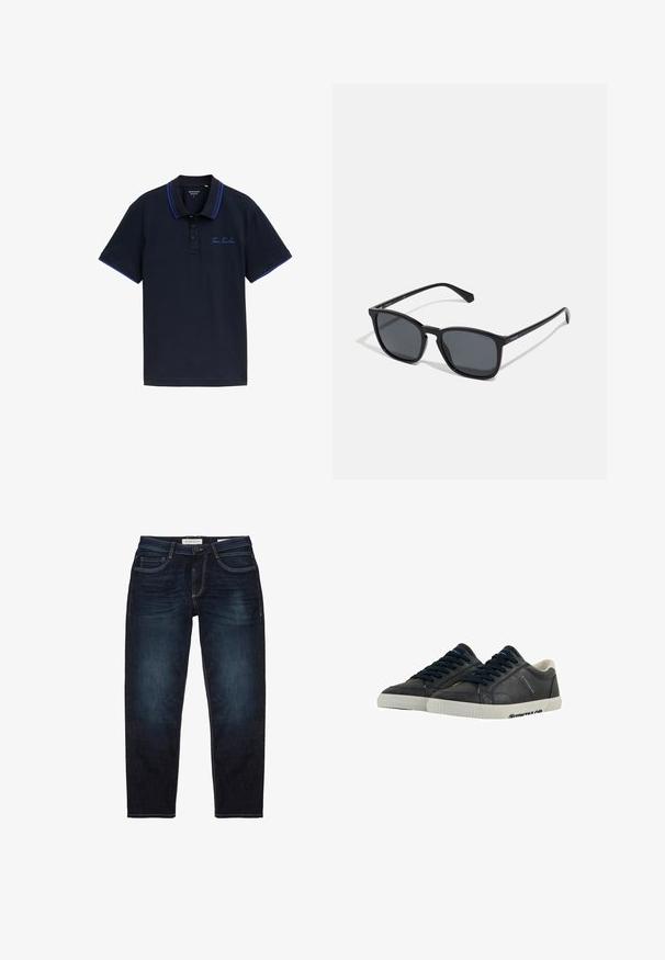 Marineblaues Poloshirt mit einer Zwei-Knopf-Leiste, kontrastierenden blauen Kragen- und Ärmeldetails sowie gesticktem "Tom Tailor"-Logo auf der Brust.; Dunkelblaue Denim-Jeans mit normaler Passform, ausgestattet mit einem Reißverschluss, fünf Taschen und kontrastierendem gelben Nähten. Insgesamt glatte Textur.; Marineblaue Leder-Sneaker mit weißen Gummisohlen, runder Spitze und schwarzen Schnürsenkeln. Subtile Texturen und Branding an den Seiten. Lässiges Design.; Schwarze rechteckige Sonnenbrille mit dunklen Gläsern, schlanken Kunststoffgestellen und geraden Bügeln. Mit einem subtilen Logo an der Seite.