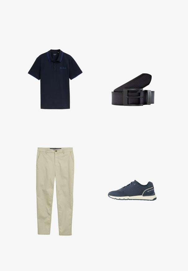 Marineblaues Poloshirt mit einer Zwei-Knopf-Leiste, kontrastierenden blauen Kragen- und Ärmeldetails sowie gesticktem "Tom Tailor"-Logo auf der Brust.; Beige Chinos aus leichtem Stoff, mit flachem Bund, zwei Seitentaschen und einem Knopfverschluss, in einem schlanken, geraden Bein-Design.; Marineblauer sportlicher Sneaker mit Mesh-Obermaterial, weißer Sohle, schwarzer Außensohle und "Tom Tailor"-Logo am Fersenbereich.; Schwarzer Leder Gürtel mit strukturiertem Finish, ausgestattet mit einer rechteckigen schwarzen Metallschnalle und einem Markenakzent. Glatte Kanten und geschichtetes Design.