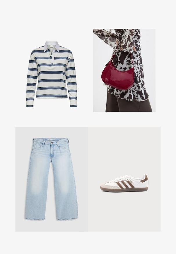 Poloshirt met lange mouwen, witte basis met marineblauwe en lichtblauwe horizontale strepen. Opvallende witte kraag en zachte katoenen textuur.; Lichtblauwe wijde jeans gemaakt van denim. Kenmerken zijn een rechte snit, een vijfzakkenontwerp en een knoopsluiting aan de taille.; Witte Adidas Samba sneaker met bruine suède strepen, bruine rubberen zool en beige suède neuskap, getoond vanaf de buitenkant op een effen achtergrond.; Vrouw met een zwart-wit gebloemde blouse houdt een glanzende rode schoudertas vast tegen een effen achtergrond.