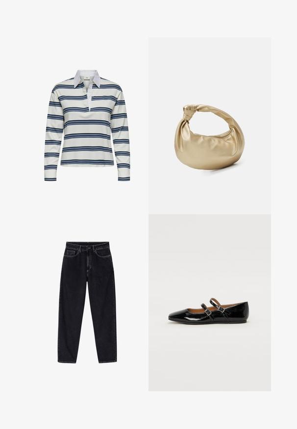 Langærmet polo-shirt med hvid bund og horisontale striber i marineblå og lyseblå. Bemærkelsesværdig hvid krave og blød bomuldstekstur.; Sorte højtaljede jeans med lige ben, foran med knap, lynlås, bæltestropper og fem lommer, vist på en hvid baggrund.; Sort laklæderballetsko med spids tå, to justerbare remme med spænder og en flad sål. Glat tekstur med en blank finish.; Guldmetal taske med en glat, shiny overflade. Har et knyttet håndtag og en rund, blød form. Lynlåslukning langs toppen.