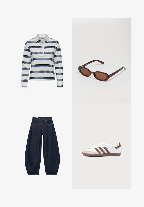 Polo à manches longues présentant une base blanche avec des rayures horizontales bleu marine et bleu clair. Col blanc distinctif et texture douce en coton.; Jean en denim bleu foncé à jambes larges avec poches avant, passants de ceinture et fermeture par bouton à la taille.; Baskets Adidas Samba blanches avec des bandes en daim marron, semelle en caoutchouc marron et bout en daim beige, vues du côté extérieur sur un fond uni.; Lunettes de soleil rondes teinte brun avec une monture bordeaux brillante. Branches fines avec un détail de marque subtil. Design de verres plats.