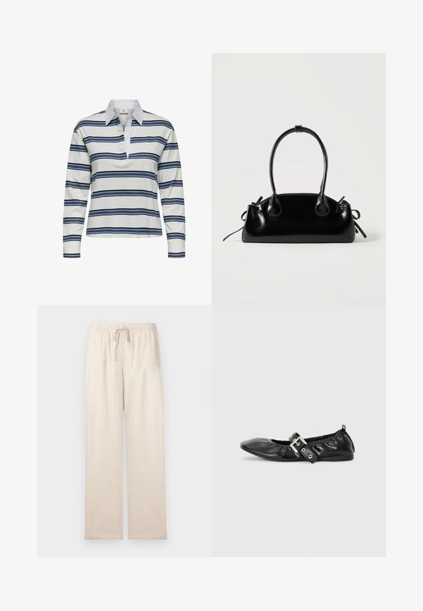 Langarm-Poloshirt mit weißem Grund und horizontalen Streifen in Marineblau und Hellblau. Auffälliger weißer Kragen und weiche Baumwolltextur.; Beige locker sitzende Hose mit elastischem Bund und Kordelzug, geraden Beinen, aus leichtem Stoff.; Schwarze Leder-Ballerinas mit spitzem Zehenbereich, gerafften Details am Schaft und einem silbernen Schnallenakzent am verstellbaren Riemen.; Kleine schwarze glänzende Handtasche mit zwei langen Griffen und seitlichen Kordelzug-Details vor einfachem hellem Hintergrund.
