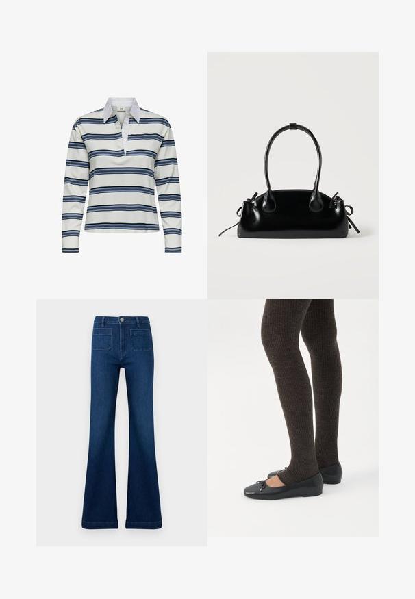 Polo de manga larga con base blanca y franjas horizontales en azul marino y azul claro. Destaca el cuello blanco y su textura suave de algodón.; Jeans acampanados de color azul oscuro fabricados en mezclilla, con una cintura alta, dos bolsillos traseros y costuras en contraste a lo largo de las costuras.; Piernas con leggings oscuros acanalados combinados con bailarinas negras que presentan pequeños detalles de lazo sobre un fondo blanco.; Pequeño bolso negro brillante con dos asas largas y detalles de cordón lateral sobre un fondo claro liso.