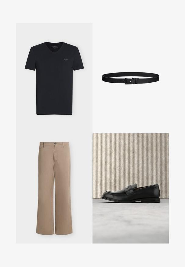 T-shirt noir à manches courtes avec col en V et petit logo "GUESS" sur le côté gauche de la poitrine, présenté à plat sur fond blanc.; Pantalon beige droit avec fermeture par bouton et zip, passants pour ceinture et poches latérales sur fond uni.; Mocassin en cuir noir avec une plaque de marque en métal reposant près d'une table ronde marron sur un sol recouvert de moquette beige.; Ceinture en cuir noir avec motif texturé, boucle en métal noir et plusieurs trous d'ajustement, posée à plat sur un fond blanc.