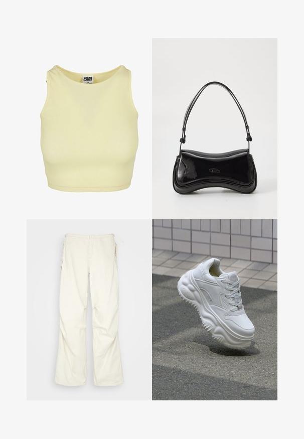 Crop top côtelé jaune clair avec un col rond et sans manches. Comprend une étiquette avec "URBAN CLASSICS" à l'intérieur du col.; BDG Urban Outfitters BAGGY - Pantalon classique - cream; Baskets blanches en cuir avec une semelle épaisse, des détails texturés et un système de laçage. Présente des accents moulés et une finition lisse.; Sac à main en vernis noir avec une forme courbée, une poignée unique et un fond arrondi. Présente un détail de logo discret à l'avant.