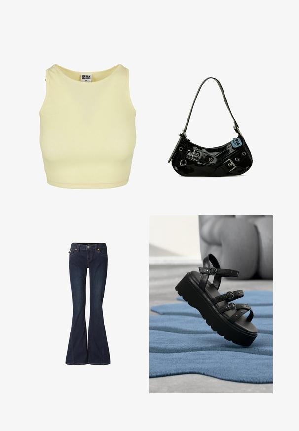 Crop top côtelé jaune clair avec un col rond et sans manches. Comprend une étiquette avec "URBAN CLASSICS" à l'intérieur du col.; Jean en denim bleu foncé évasé avec une taille ajustée, deux poches avant et des détails de couture subtils. Doté d'une fermeture par bouton et fermeture éclair.; Sandale plateforme noire avec trois brides réglables à boucle, posée sur un tapis bleu texturé avec un arrière-plan flou.; Sac à main en cuir verni noir avec une forme incurvée, présentant des ferrures en argent, des boucles décoratives et une bandoulière courte. Étiquette bleue attachée.