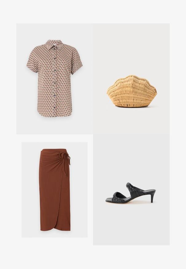 Chemise à manches courtes boutonnée avec un motif triangulaire géométrique marron, blanc et noir sur un fond neutre.; Jupe portefeuille midi marron avec détail froncé rassemblé et nœud noué sur le côté droit, avec un ourlet courbé.; Sandales à talons noirs avec un bout carré, fabriquées en cuir lisse. Elles présentent des brides froncées et un talon fin pour plus d'élévation.; Sac à main en rotin tissé en forme de coquille Saint-Jacques de couleur brun clair naturel avec des bords arrondis et texturés.