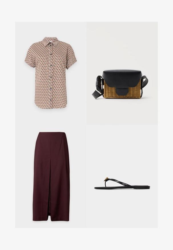 Chemise à manches courtes boutonnée avec un motif triangulaire géométrique marron, blanc et noir sur un fond neutre.; Jupe midi droite bordeaux foncé avec une fente centrale à l'avant et une taille haute, présentée sur un fond clair.; Sandale plate noire en forme de tongs avec plusieurs fines lanières et une petite déco dorée en forme de larme sur la lanière avant.; Sac bandoulière rectangulaire en osier avec rabat en cuir noir et sangle réglable, présenté sur un fond clair uni.