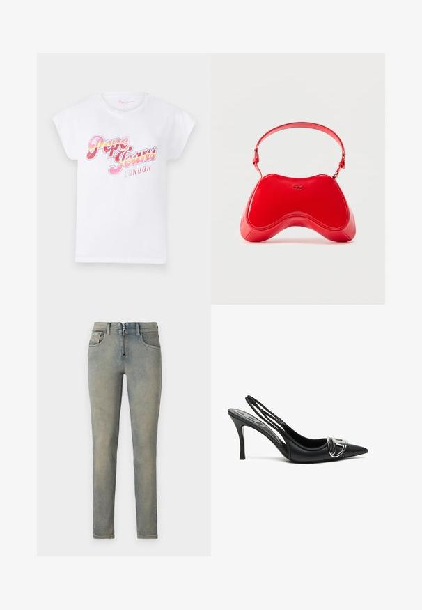 Camiseta de algodón blanca con mangas cortas enrolladas que presenta un estampado gráfico multicolor de "Pepe Jeans London" en tonos rosa y naranja.; Jeans ajustados en denim azul claro, con cremallera frontal, cinco bolsillos y un lavado desvanecido con sutiles variaciones de color.; Zapatos de tacón alto de charol negros con tira trasera y punta afilada, que presentan un detalle de hebilla plateada brillante y un tacón delgado. Textura de cuero suave, diseño minimalista.; Bolso de charol rojo con una forma curva y ergonómica, que presenta una correa delgada ajustable y un sutil detalle de logo en la parte frontal.