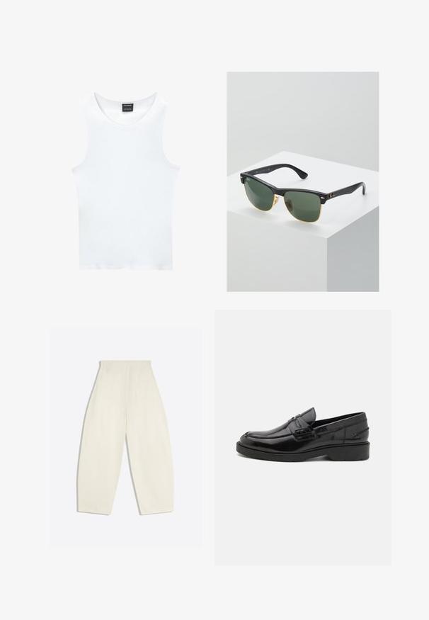Hvid ærmeløs tanktop lavet af ribbet bomuld. Har en rund halsudskæring og en glat tekstur. Etiketten siger "PULL&BEAR."; Bukser i cremefarvet stof med høj talje og vide ben, forsynet med baglommer og bæltestropper, lagt fladt ud på en lys baggrund.; Sorte læder loafers med en glat finish, rund tå, lav hæl og dekorativ syning langs forsiden. Gummisål for godt greb.; Ray-Ban solbriller med grønne linser, sorte plastikstel og gyldne detaljer ved kanterne. Firkantet form med mat finish.