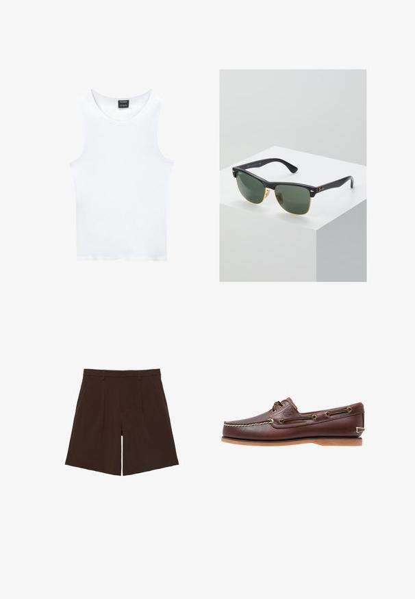 Hvid ærmeløs tanktop lavet af ribbet bomuld. Har en rund halsudskæring og en glat tekstur. Etiketten siger "PULL&BEAR."; Mørkebrune knælange skræddersyede shorts med bæltestropper og forreste læg, vist fladt på hvid baggrund.; Brun læder bådsko med hvide sømme, snøre detaljer og lysbrun gummisål, vist fra siden på hvid baggrund.; Ray-Ban solbriller med grønne linser, sorte plastikstel og gyldne detaljer ved kanterne. Firkantet form med mat finish.