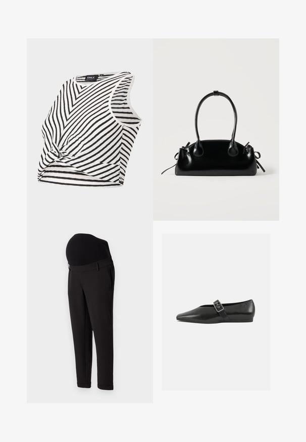 Haut de maternité rayé noir et blanc, sans manches avec un détail noué à l'avant, présente une texture côtelée et un col arrondi.; Pantalons de maternité noirs avec une taille haute élastique et une coupe fuselée. Le tissu a une texture lisse avec une légère brillance.; Chaussure plate en cuir noir avec un orteil pointu, présentant une sangle à boucle métallique sur le cou-de-pied et une semelle basse et flexible.; Petit sac à main noir brillant avec deux longues anses et des détails à cordon sur les côtés sur un fond clair uni.