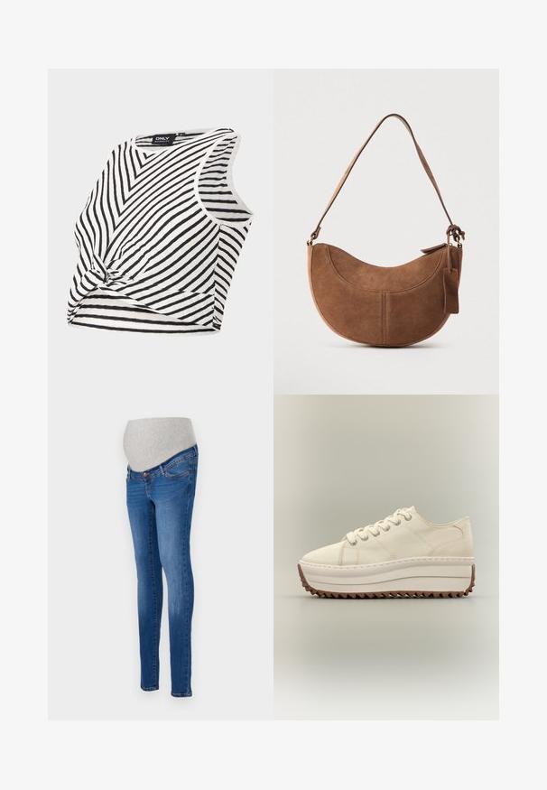 Haut de maternité rayé noir et blanc, sans manches avec un détail noué à l'avant, présente une texture côtelée et un col arrondi.; Jeans de maternité en denim bleu avec une coupe ajustée. Dotés d'un panneau en stretch gris pour le confort. Design classique à cinq poches avec un léger délavage.; Baskets à plateforme couleur crème avec semelle blanche épaisse et crampons marron en zigzag, fermeture à lacets et tige en toile.; Sac à main en daim marron de forme courbée en demi-lune. Il est doté d'une bandoulière, d'une petite étiquette et de coutures visibles le long des bords.