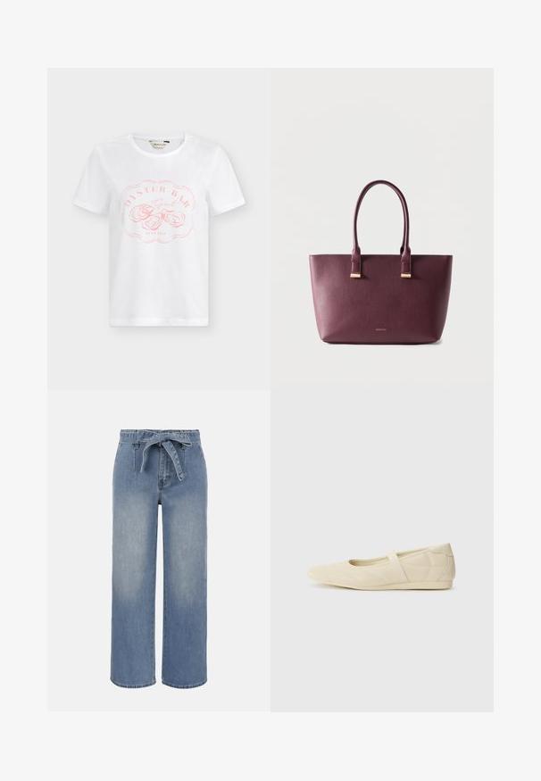 T-shirt blanc à manches courtes avec col rond, avec un texte rose clair "Oyster Bar" et des illustrations de coquilles d’huîtres sur le devant.; Jean taille haute à jambes larges bleu clair avec ceinture en tissu nouée et poches avant, présentant un effet délavé légèrement estompé.; Ballerines beiges avec une exterior en cuir lisse, un bout en forme d'amande et une sangle élastique sur le coup de pied, avec des détails de couture subtils.; Sac fourre-tout en cuir violet foncé avec deux poignées et petit logo de marque doré sur le devant, posé sur un fond clair uni.