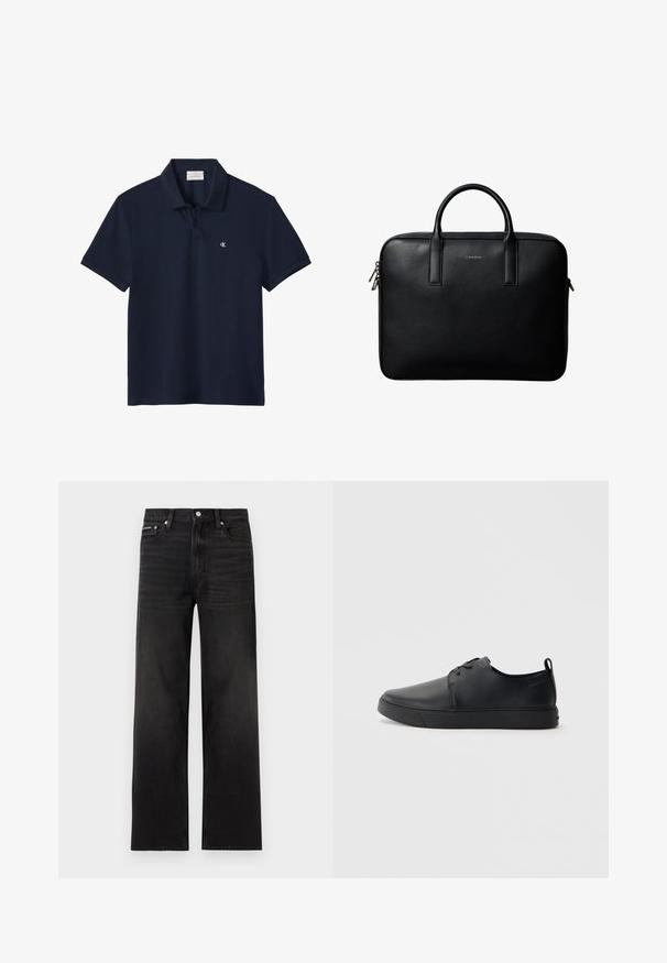 Marineblå kortærmet poloshirt med krave og to knapper, med en lille hvid "cK" logo på venstre bryst.; Sorte jeans med lige ben, fem-lomme design, bæltestropper og knaplukning, vist på en hvid baggrund.; Sorte lædersneakers med en glat finish, rund tå, tonalt syning, snøring foran og en flad gummisål. Løkke ved hælen.; Sort tekstureret lædermappe med dobbelte håndtag og sølv lynlås, centreret på hvid baggrund.