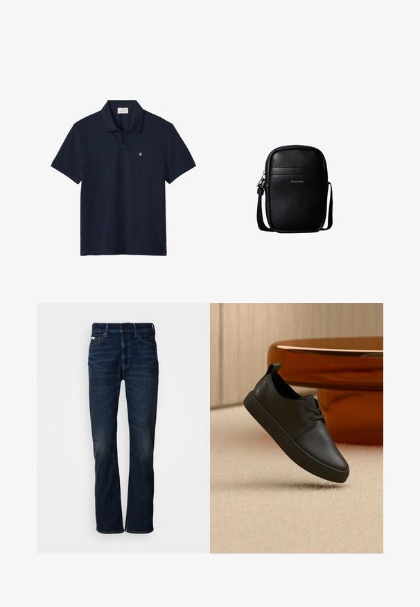 Marineblauw poloshirt met korte mouwen, kraag en twee knopen, met een klein wit "cK"-logo op de linkerborst.; Donkerblauwe denim jeans met een recht model, voorzien van subtiele vervaging, een knoopsluiting en traditionele vijfzakkenstijl.; Zwarte leren casual sneaker met veters, zwevend boven een beige tapijt, met een amberen glazen ronde tafel op de achtergrond.; Zwart gestructureerde leren compacte crossbodytas met voorste stiksels en "Calvin Klein"-logo, met een verstelbare schouderband.