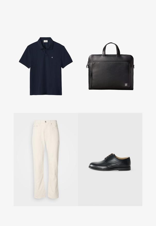 Marineblå kortærmet poloshirt med krave og to knapper, med en lille hvid "cK" logo på venstre bryst.; Beige bomuldsjeans med et klassisk lige ben-design, der har en forreste knaplukning, fem lommer og diskrete syninger.; Calvin Klein ESS DERBY - Snøresko - triple black; Sort tekstureret lædermappe med lynlåslomme foran og dobbelthåndtag, med en lille Calvin Klein-logo i det nederste hjørne.