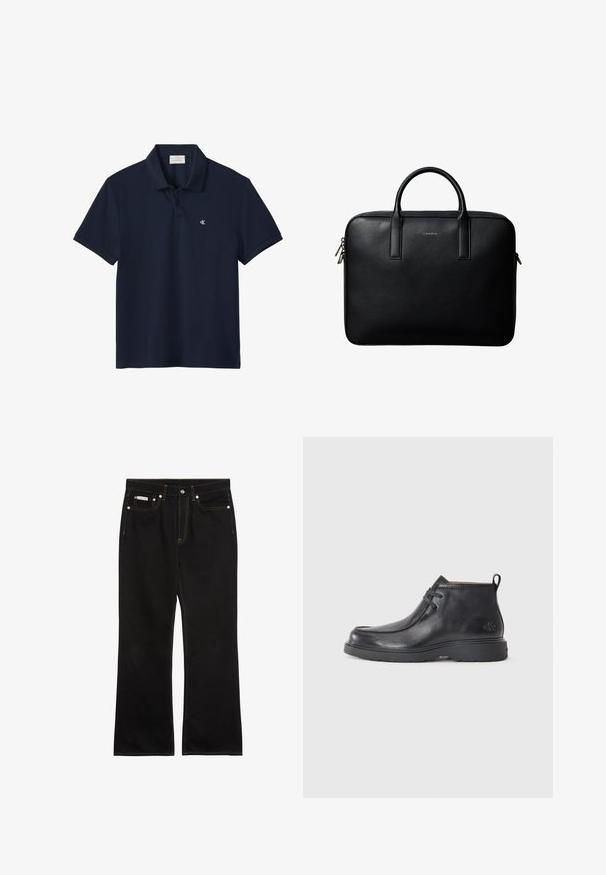 Marineblå kortærmet poloshirt med krave og to knapper, med en lille hvid "cK" logo på venstre bryst.; Sorte jeans med lige ben, orange syning, fem lommer, knaplukning og et lille Calvin Klein-mærke på den forreste højre lomme.; Sorte læder ankelstøvler med rund tå, snørelukning og en løkke bagpå. Tekstureret overdel og gummisål.; Sort tekstureret lædermappe med dobbelte håndtag og sølv lynlås, centreret på hvid baggrund.