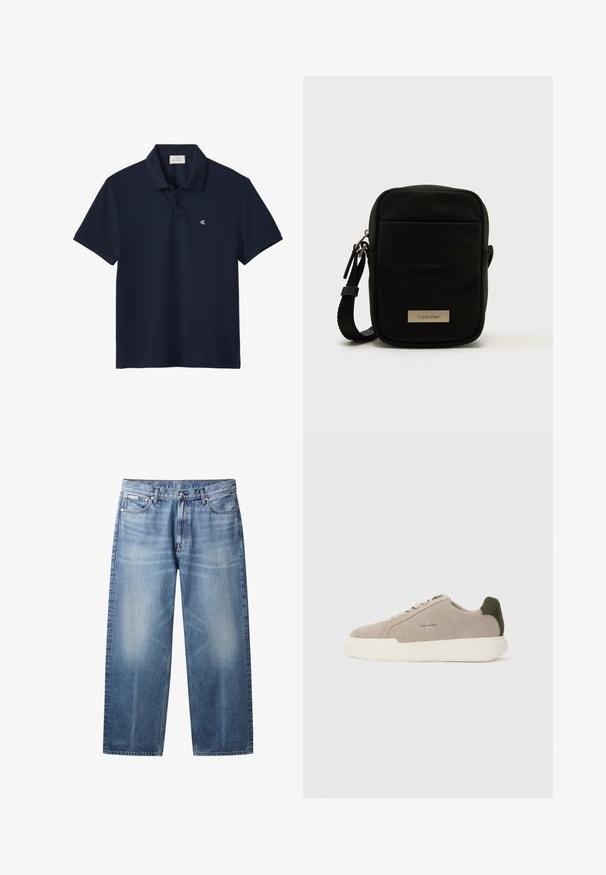 Polo de manga corta azul marino con cuello y dos botones, con un pequeño logo blanco de "cK" en el pecho izquierdo.; Vaqueros rectos de pierna en azul claro con zonas descoloridas, cinco bolsillos, cierre de botones y etiqueta Calvin Klein en el bolsillo delantero derecho.; Zapatillas de piel de ante beige con suela de goma blanca, que presentan un acento en el talón de color verde oscuro y un sutil logo en el lateral.; Bolso bandolera de nylon negro con textura y forma rectangular, que cuenta con un bolsillo delantero con cremallera y una placa metálica con el logo. Incluye una correa ajustable.