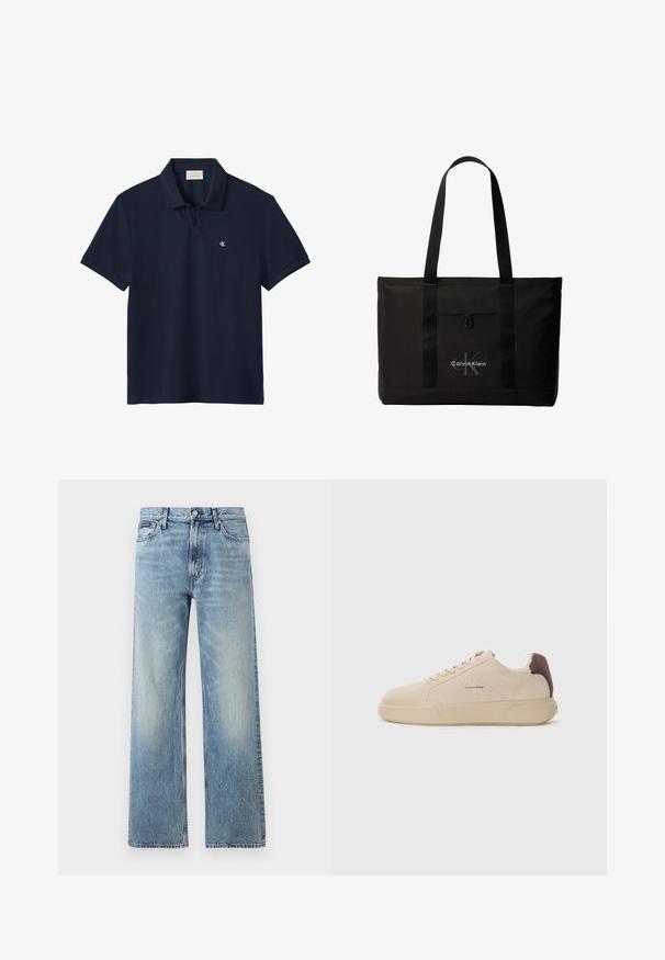 Marineblå kortærmet poloshirt med krave og to knapper, med en lille hvid "cK" logo på venstre bryst.; Lyseblå denim jeans med lige ben, højt talje, fem lommer, knaplukning og diskrete falmede områder på lår og knæ.; Beige ruskind sneakers med rund tå, snørret foran og en brun ruskindsdetalje på hælen. Har en tekstureret gummisål.; Sort Calvin Klein tote taske med to lange håndtag og lomme foran, med mærkets logo i hvid og grå.