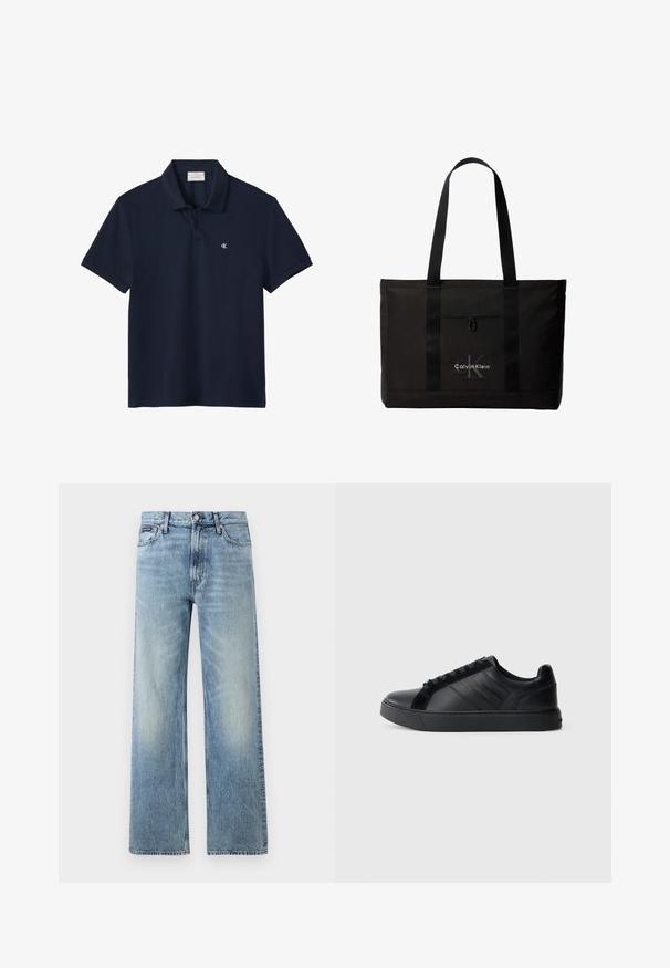Marineblaues Poloshirt mit kurzen Ärmeln, Kragen und zwei Knöpfen, mit kleinem weißem "cK"-Logo auf der linken Brust.; Hellblaue Jeans mit geradem Bein, hohem Bund, fünf Taschen, Knopfverschluss und dezentem Verblassen an Oberschenkeln und Knien.; Schwarze Leder-Sneaker mit glatter Oberfläche, strukturierten Seitenpaneelen, runder Zehenpartie, flacher Sohle und Logo-Detail an der Seite. Verfügt über klassische Schnürung.; Schwarze Calvin Klein Tote-Tasche mit zwei langen Griffen und Fronttasche, mit dem Markenlogo in Weiß und Grau.
