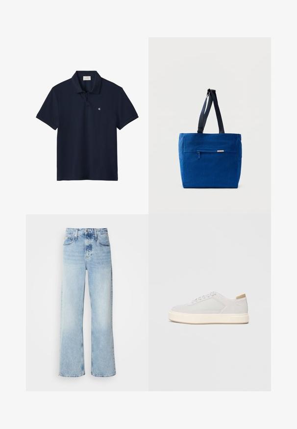 Marineblå kortærmet poloshirt med krave og to knapper, med en lille hvid "cK" logo på venstre bryst.; Lysblå vide jeans med høj talje, der har en falmet finish, bæltestropper og klassisk fem-lomme design. Kantene er rå.; Lys grå sneakers med en glat syntetisk overdel, rund tå og en struktureret crème mellemsål. Lysebrune accenter på hælen.; Blå lærredstaske med lynlåslomme foran, dobbelte skulderremme og rektangulær form. Har en diskret mærkeetiket.