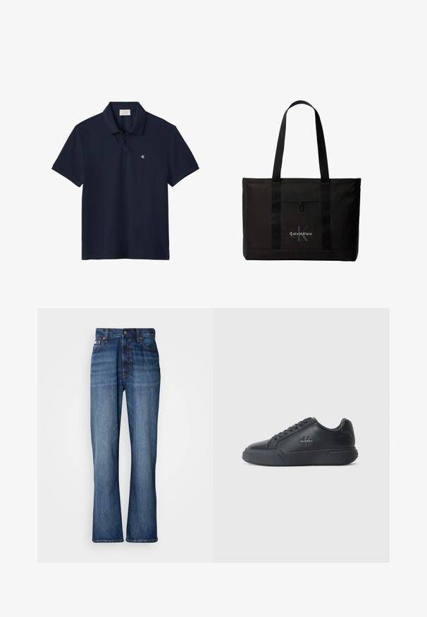 Marineblå kortærmet poloshirt med krave og to knapper, med en lille hvid "cK" logo på venstre bryst.; Blå denimjeans med høj talje, flagrende ben, fem-lommers design og tonal syning. Har en knaplukning og nitterede lommer.; Sorte lædersneakers har en rund tå, flad sål og snørebåndsdesign. Bemærkelsesværdige detaljer inkluderer et diskret logo på siden.; Sort Calvin Klein tote taske med to lange håndtag og lomme foran, med mærkets logo i hvid og grå.