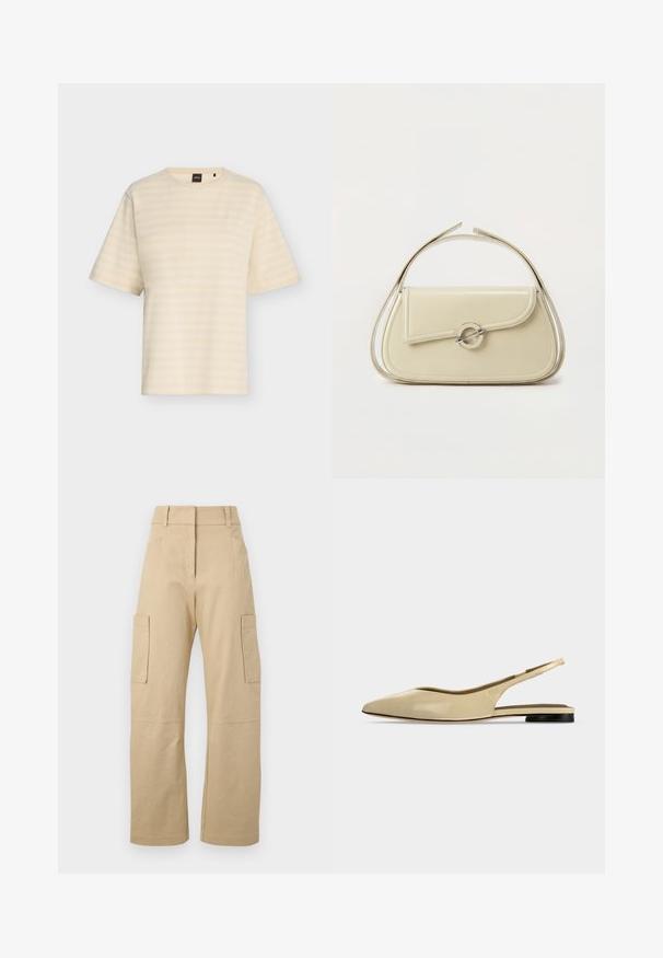T-shirt beige à manches courtes avec de fines rayures blanches horizontales et un petit logo brodé sur la poitrine gauche.; Pantalons cargo beiges en coton, avec une taille haute, des jambes larges, deux poches latérales et deux grandes poches cargo sur les cuisses.; Chaussure plate beige à bout pointu avec bride arrière, petit talon noir et finition en cuir lisse, vue de côté sur un fond uni.; Sac à main en cuir crème avec rabat incurvé, fermoir circulaire en argent et poignée courte sur le dessus, sur fond blanc uni.