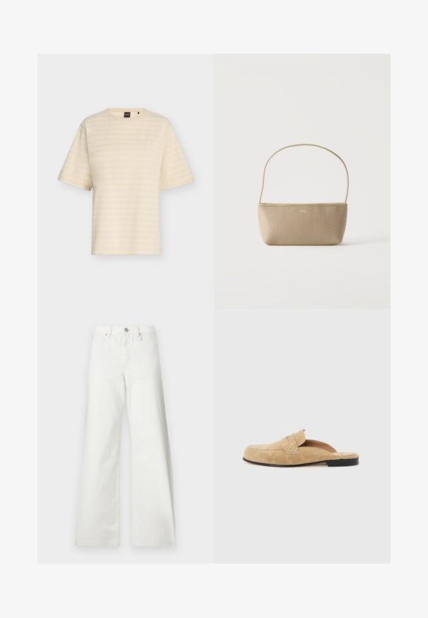 T-shirt beige à manches courtes avec de fines rayures blanches horizontales et un petit logo brodé sur la poitrine gauche.; Jean blanc taille haute à jambes larges, fermeture à boutons devant, passants de ceinture et poches avant sur fond uni.; Mocassin beige en cuir suédé sans talon avec une semelle noire et des détails cousus sur un fond uni et clair.; Sac à main tissé beige avec fine bandoulière et petit logo doré "BOSS" à l'avant, présenté sur fond blanc uni.