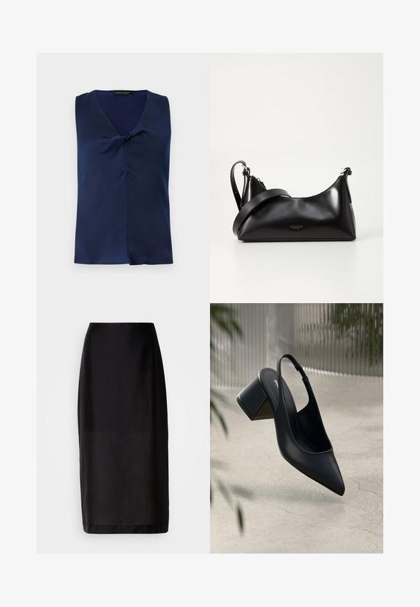 Blouse bleu marine sans manches avec col en V et détail subtil de torsion à l'avant, pliée soigneusement sur un fond clair uni.; Jupe midi noire au design droit, fabriquée en tissu lisse. Dotée d'une taille et d'un ourlet à la longueur des genoux.; Escarpin noir en cuir avec un bout pointu et un talon bloc. Texture lisse, design minimaliste et bride de cheville réglable.; Sac à main en cuir noir avec une texture lisse. Dispose d'une bandoulière adjustable et d'un design élégant et minimaliste avec une fermeture éclair.