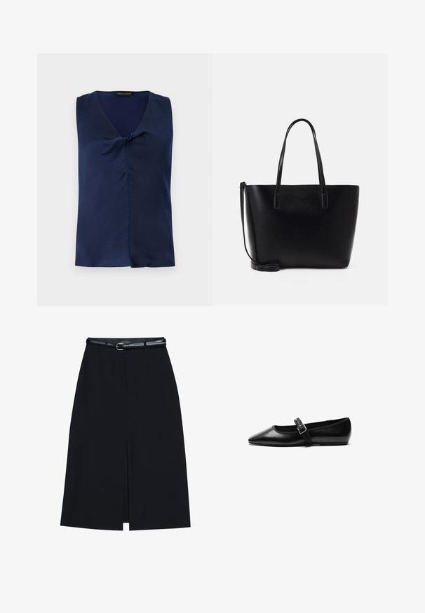 Blouse bleu marine sans manches avec col en V et détail subtil de torsion à l'avant, pliée soigneusement sur un fond clair uni.; Jupe noire à mi-cuisse avec une fente frontale, fabriquée en tissu lisse. Comprend une fine ceinture noire avec une boucle en argent et des passants.; Chaussure noire plate en cuir avec un bout pointu, bride réglable avec une boucle en métal, texture lisse et design minimaliste.; Sac à dos en cuir noir avec deux longues anses, une forme structurée, une texture lisse et une bandoulière amovible. Détail de marque subtil.