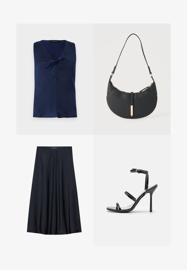 Blouse bleu marine sans manches avec col en V et détail subtil de torsion à l'avant, pliée soigneusement sur un fond clair uni.; Jupe noire, arrivant aux genoux, en tissu léger avec un design fluide. Présente une texture lisse et de subtils plis pour un détail supplémentaire.; Sandales à talons hauts en cuir verni noir avec trois sangles horizontales et une sangle de cheville ajustable. Silhouette élégante et finition brillante.; Sac à main noir en forme de croissant avec une bandoulière unique, une fermeture éclair dorée et une languette décorative rectangulaire dorée à l'avant.