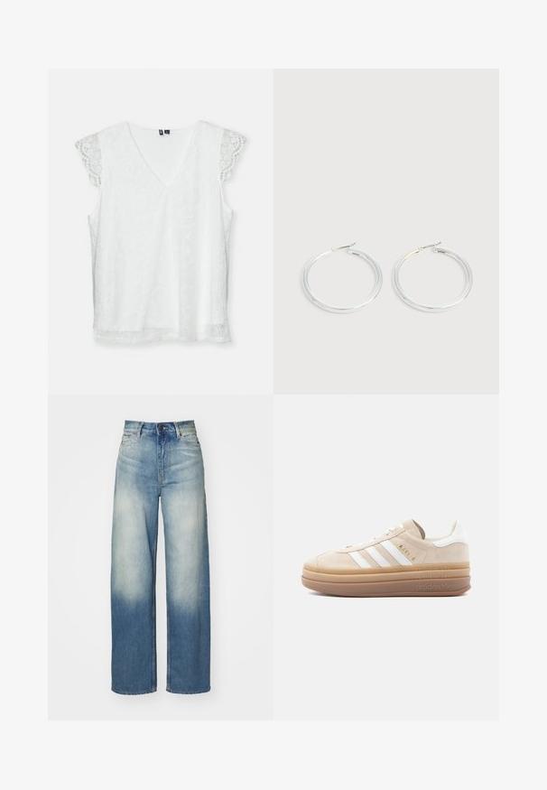 Top sin mangas blanco con escote en V, confeccionado en un tejido de encaje estampado y delicadas mangas de encaje con puntilla. Presenta un corte relajado y una textura suave.; Jeans de pierna ancha azul claro con una cintura alta, fabricados en denim, con un degradado desvanecido, cinco bolsillos y detalles de metal.; Zapatilla de ante beige con detalles en cuero blanco, que cuenta con tres franjas blancas, un logo dorado y una suela gruesa de goma translúcida.; Pareja de pendientes de aro plateados brillantes con cierres de alambre delgado, mostrados sobre un fondo gris claro.