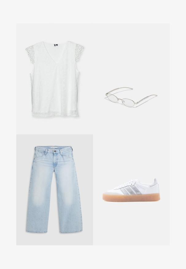 Top sin mangas blanco con escote en V, confeccionado en un tejido de encaje estampado y delicadas mangas de encaje con puntilla. Presenta un corte relajado y una textura suave.; Jeans de pierna ancha en un suave tono azul, confeccionados en denim. Presentan corte recto, diseño de cinco bolsillos y un cierre de botón en la cintura.; Zapatilla blanca de perfil bajo con suela de goma, acentos laterales plateados a rayas y cierre de cordones, mostrada sobre un fondo claro y liso.; Gafas ovaladas con un marco metálico plateado, lentes transparentes y acentos de templos con textura de cuentas. Diseño ligero con brazos curvados.