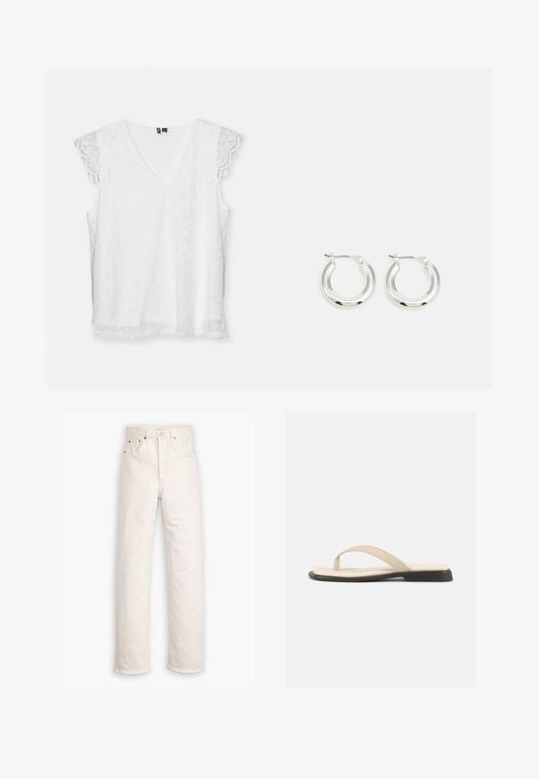 Witte mouwloze top met een V-hals, van gemusterde kantstof en delicate golvende kantmouwen. Beschikt over een ontspannen pasvorm en een gladde textuur.; Witte denim jeans met een recht gesneden ontwerp, vijf zakken en koperen hardware accenten. Afgeronde zoom aan de enkels.; Beige platte teenslipper met gevoerd voetbed en zwarte zool, zijaanzicht op witte achtergrond.; Zilveren oorbellen in de vorm van een ring met een gepolijste afwerking, met een cirkelvorm en een scharnierende postsluiting. Glad oppervlak met minimale details.