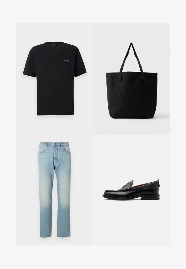 Sort kortærmet T-shirt med rund halsudskæring og lille hvid "BELSTAFF" logo på venstre bryst mod en ensfarvet baggrund.; Lyseblå jeans lavet af denim, med et lige ben-design, fem lomme-struktur og falmet vaskeffekt ved lårene.; Sort læder herre loafer med moc-tå syning, penny strop, struktureret krave og lav stablet hæl på hvid baggrund.; Sort canvas-tote-taske med to skulderstropper og et diskret præget cirkeldesign på fronten.