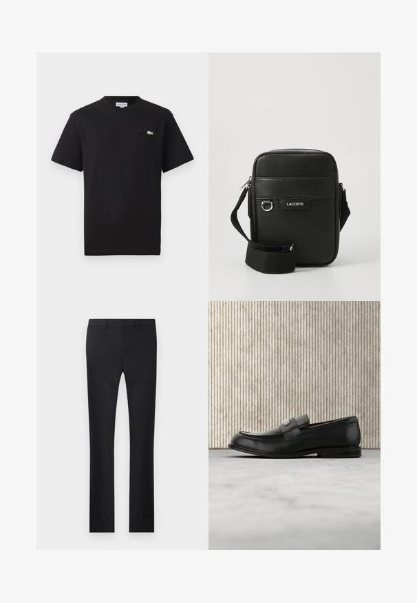 Camiseta de algodón negra con cuello redondo. Presenta un pequeño logo de Lacoste bordado en verde y blanco en el pecho. Mangas cortas, corte regular.; Pantalones negros con diseño de pierna recta, confeccionados en una tela suave. Presenta bolsillos frontales, cierre de botón y trabillas para cinturón.; Mocasín de cuero negro con una placa metálica de marca apoyado cerca de una mesa redonda marrón sobre un suelo alfombrado beige.; Bolso bandolera negro texturizado con correa ajustable, bolsillo frontal, detalle de anillo de metal y logo blanco de Lacoste en el panel frontal.