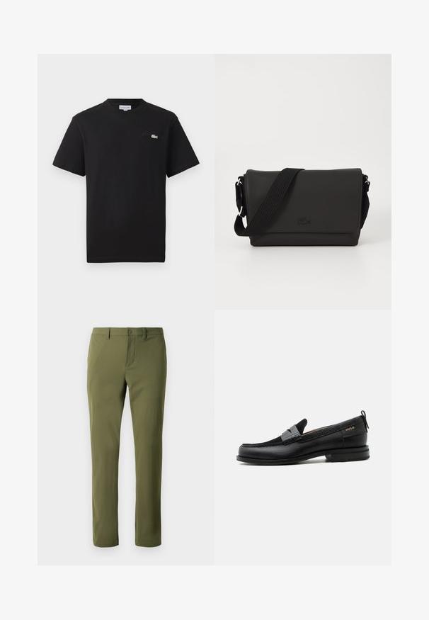 Schwarzes Baumwoll-T-Shirt mit Rundhalsausschnitt. Verfügt über ein kleines, grün-weißes, gesticktes Lacoste-Logo auf der Brust. Kurze Ärmel, normale Passform.; Olivgrüne Hose aus glattem Stoff mit geradem Schnitt, ausgestattet mit einem Knopfverschluss und Gürtelschlaufen. Keine sichtbaren Muster oder Akzente.; Schwarzer Lederloafer mit grauem Riemendetail, niedrigem Absatz und strukturierter Sohle, seitlich mit „HUGO“ in Gold gebrandmarkt.; Lacoste MESSENGER BAG MEN CLASSIC - Umhängetasche - noir