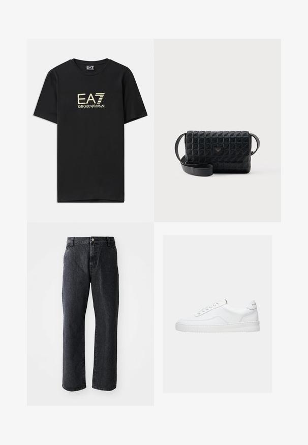 Čierne bavlnené tričko s pozláteným logom EA7 Emporio Armani na hrudi. Krátke rukávy a okrúhly výstrih.; Čierne denimové džínsy so strihom rovného strihu, s gombíkovým zapínaním, piatimi vreckami a jemnou textúrou. Klasický dizajn bez výrazných vzorov.; Biela nízka teniska so šnurovacím dizajnom, hladkým koženým zvrškom a hrubou podrážkou, zobrazená z bočného pohľadu na jednoduchom pozadí.; Čierna textúrovaná kabelka cez rameno s klopou a malým kovovým logom na prednej strane, vystavená na jednoduchom pozadí.